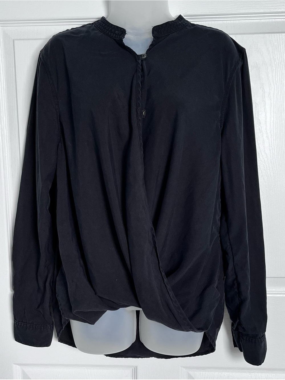 BLANKNYC Black Tencel Faux Wrap High Low Blouse L